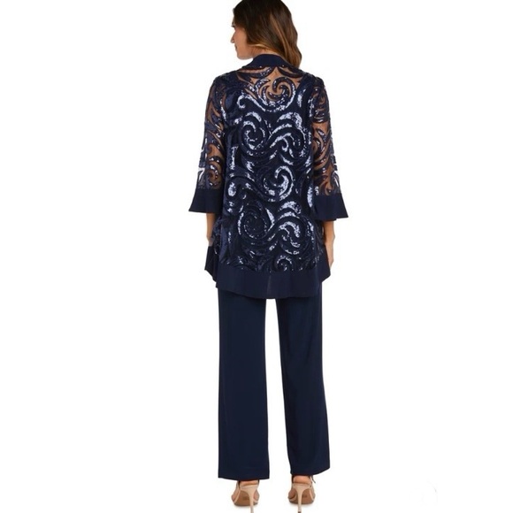 Rm Richards New 3 Piece Sequins Jacket Top Pant Suit Set Size 16 Blue Style 2343 - Picture 3 of 9